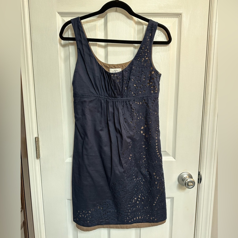 Loft navy sleeveless eyelet dress in size 0